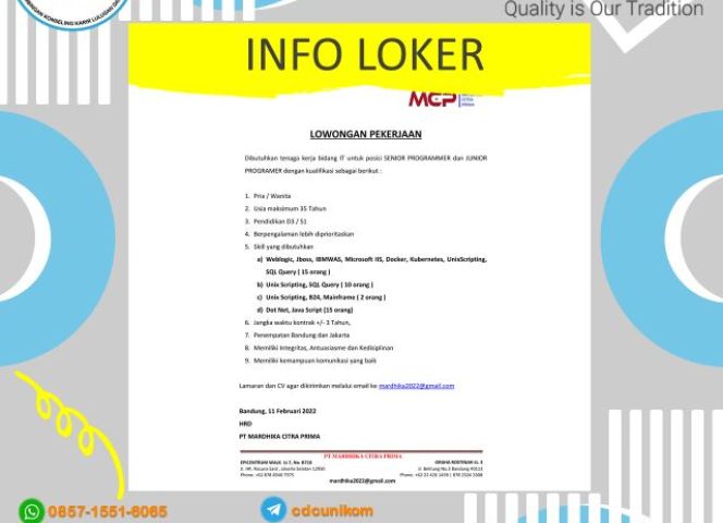 Info Loker PT. MAHARDIKA CITRA PRIMA untuk SENIOR & JUNIOR PROGRAMMER