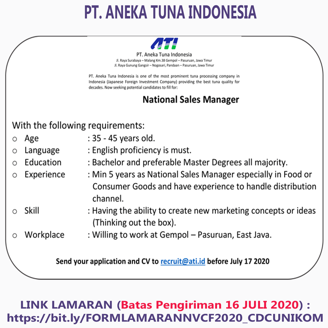 INFO LOKER "PT. ANEKA TUNA INDONESIA" x NVCF2020 - Career Development  Center Unikom