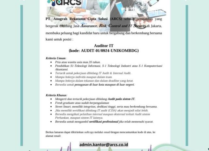 INFORMASI LOKER DARI PT. Anugrah Rekatama Cipta Solusi (ARCS)