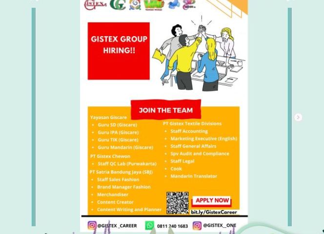 INFORMASI LOKER GISTEX TEXTILE (JOB VACANCY INFORMATION FROM GISTEX TEXTILE)
