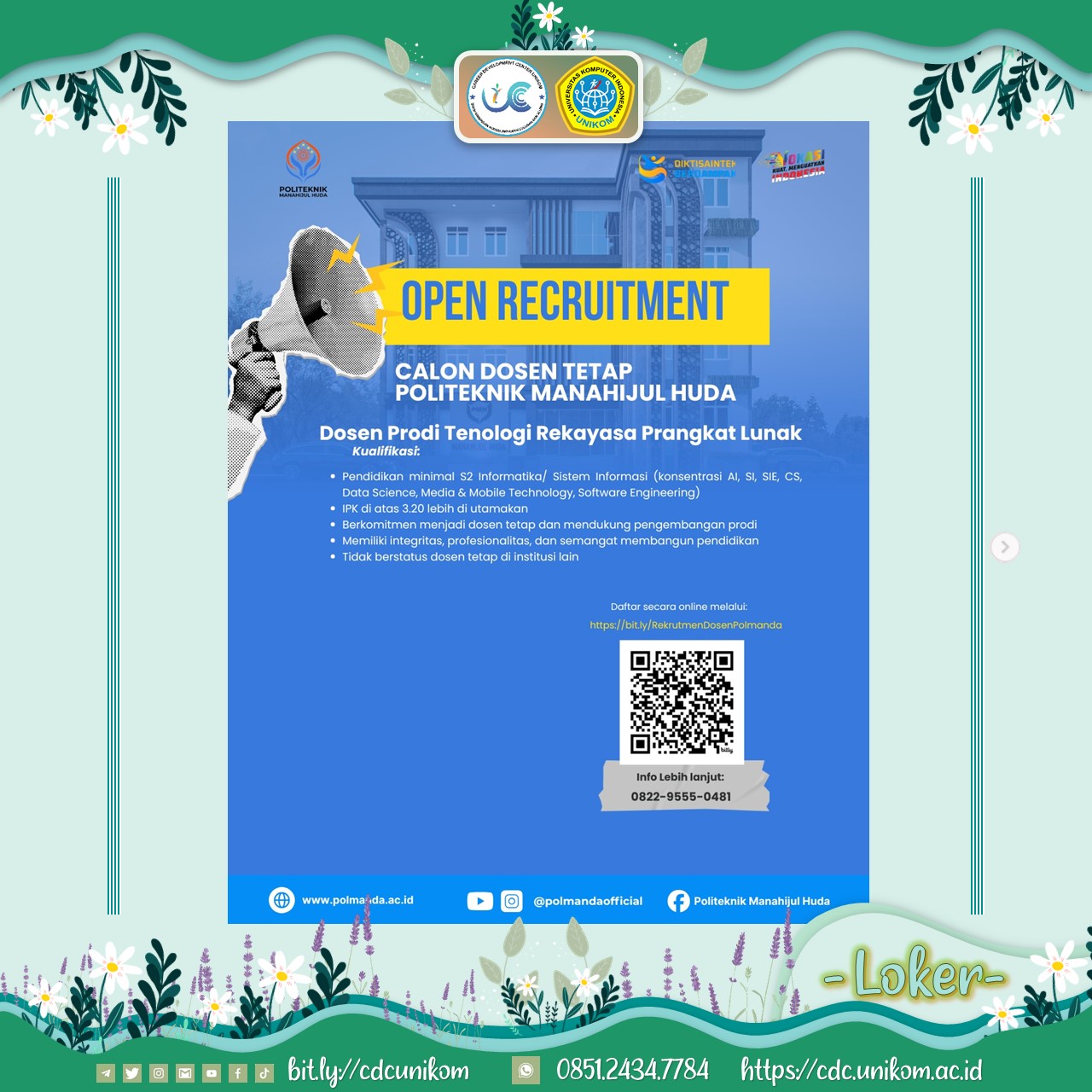 Loker Dosen Tetap TRPL Politeknik Manahijul Huda