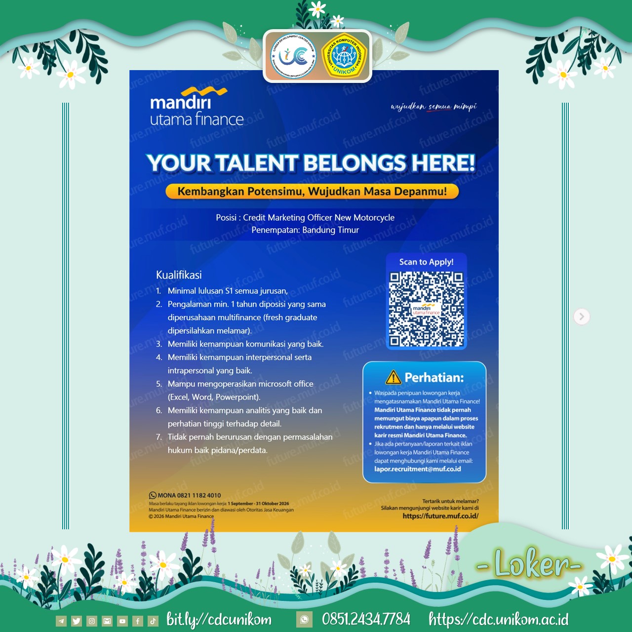 Rekrutmen Mandiri Utama Finance Bandung: Posisi CMO New Motorcycle (Fresh Graduate Welcome)