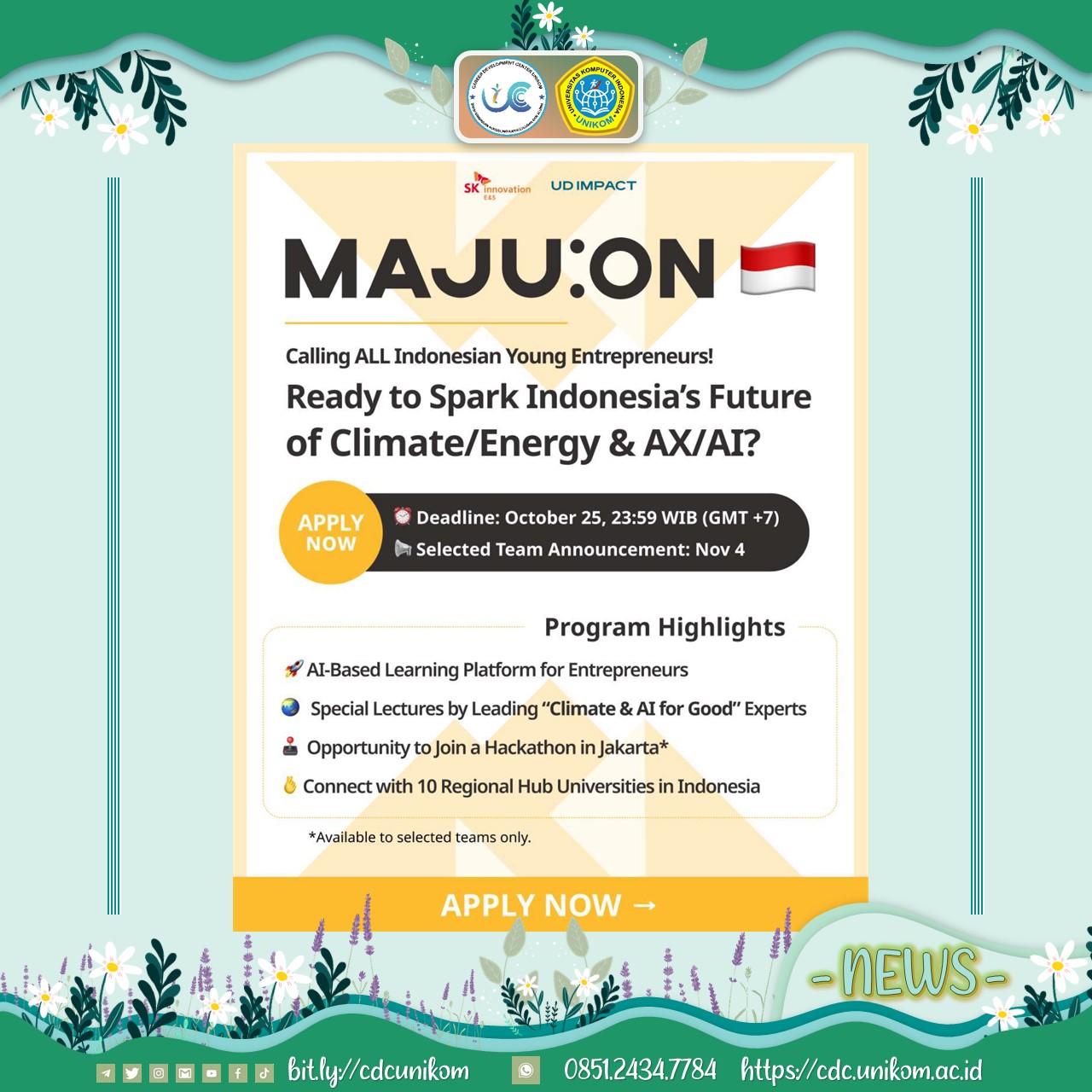 Program MAJU:ON 2026 Peluang Entrepreneur Muda UNIKOM Kembangkan Startup Climate & AI